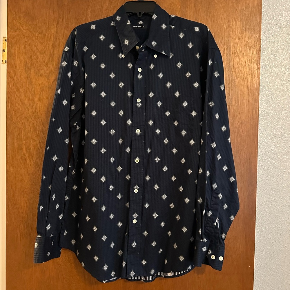 Nautica Men's Dark Blue Diamond Print Shirt